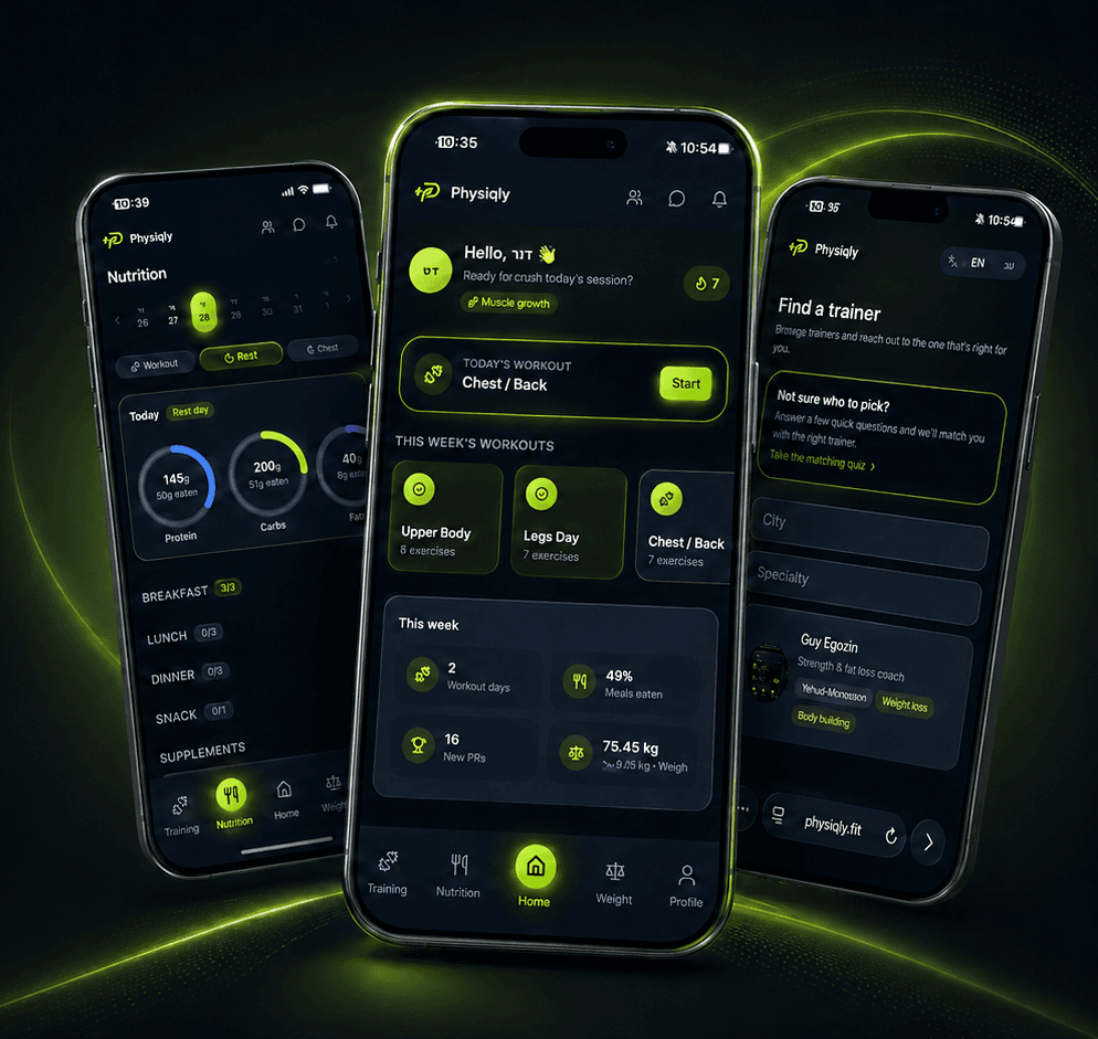 Physiqly app screens for trainers and clients