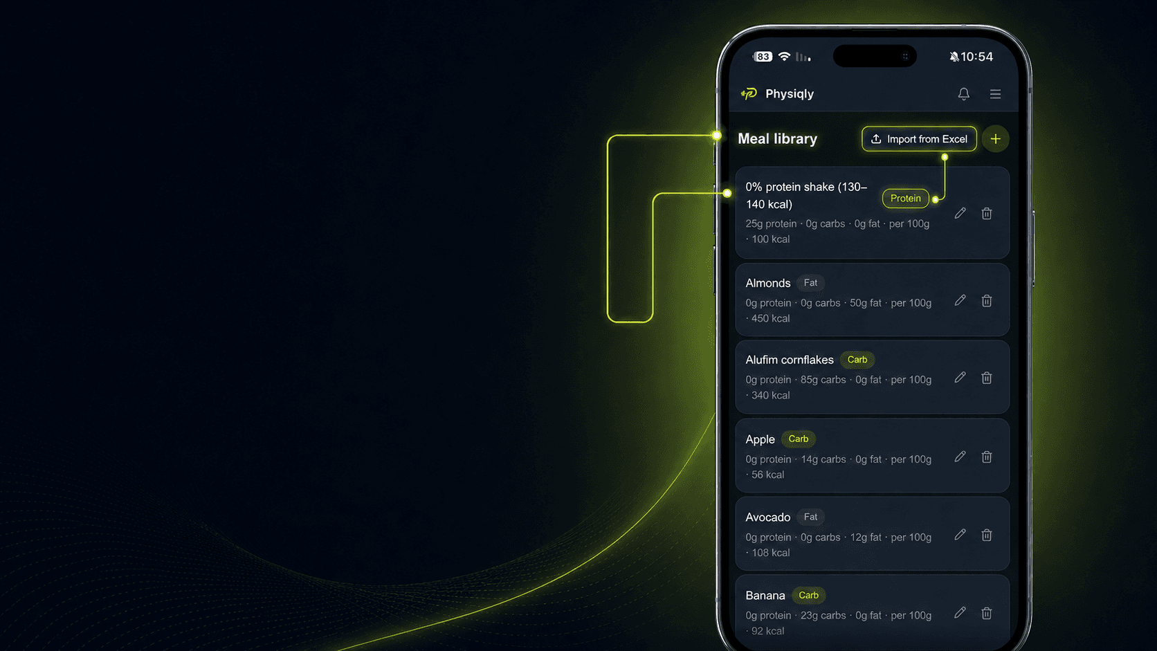 Meal library screen in Physiqly